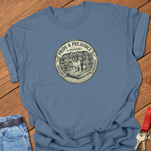 Frenchie Austen T Shirt in Comfort Colors, 100% cotton t-shirt for her in blue jean featuring a vintage Frenchie library book illustration