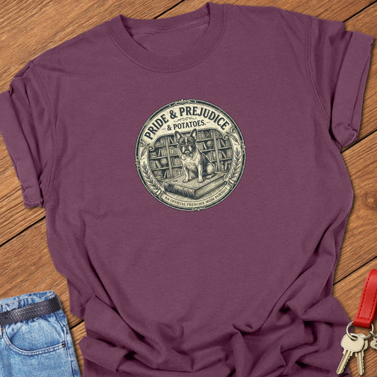 Frenchie Austen T Shirt in Comfort Colors, 100% cotton t-shirt for her in berry featuring a vintage Frenchie library book design by Street Paws Apparel.