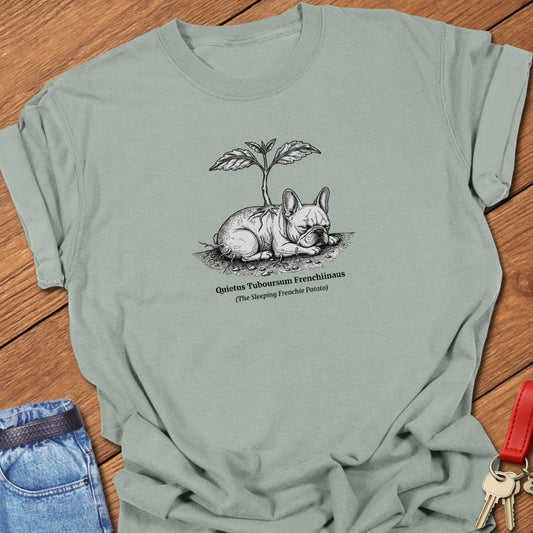 Frenchie Potato T Shirt in Comfort Colors, 100% cotton t-shirt for her in bay featuring sleeping French Bulldog potato illustration by Street Paws Apparel.