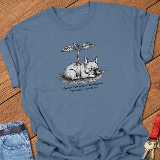 Frenchie Potato T Shirt in Comfort Colors, 100% cotton t-shirt for her in blue jean featuring sleeping French Bulldog potato illustration by Street Paws Apparel.