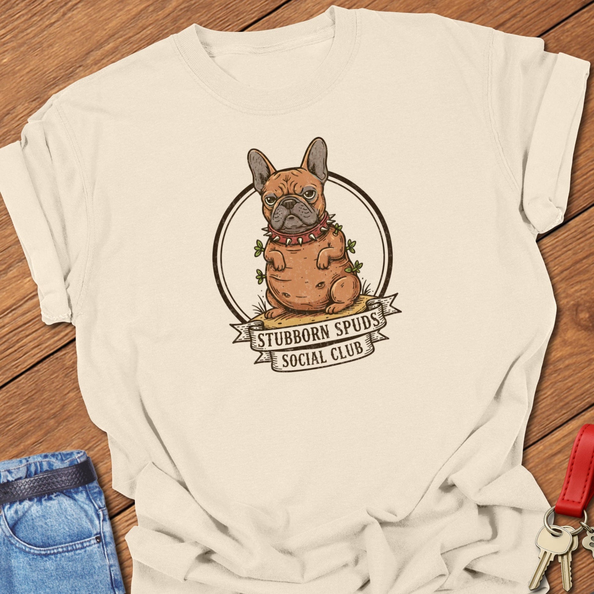 French bulldog illustrated as a potato mascot with “Stubborn Spuds Social Club” banner design printed on ivory Comfort Colors t shirt.